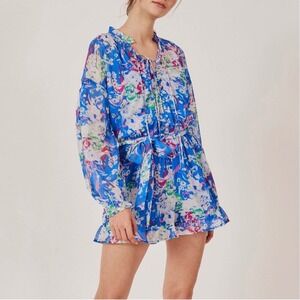 A7 Deluc Lio Long Sleeve Printed Lined Blue Multi Romper Buttons Sz XS